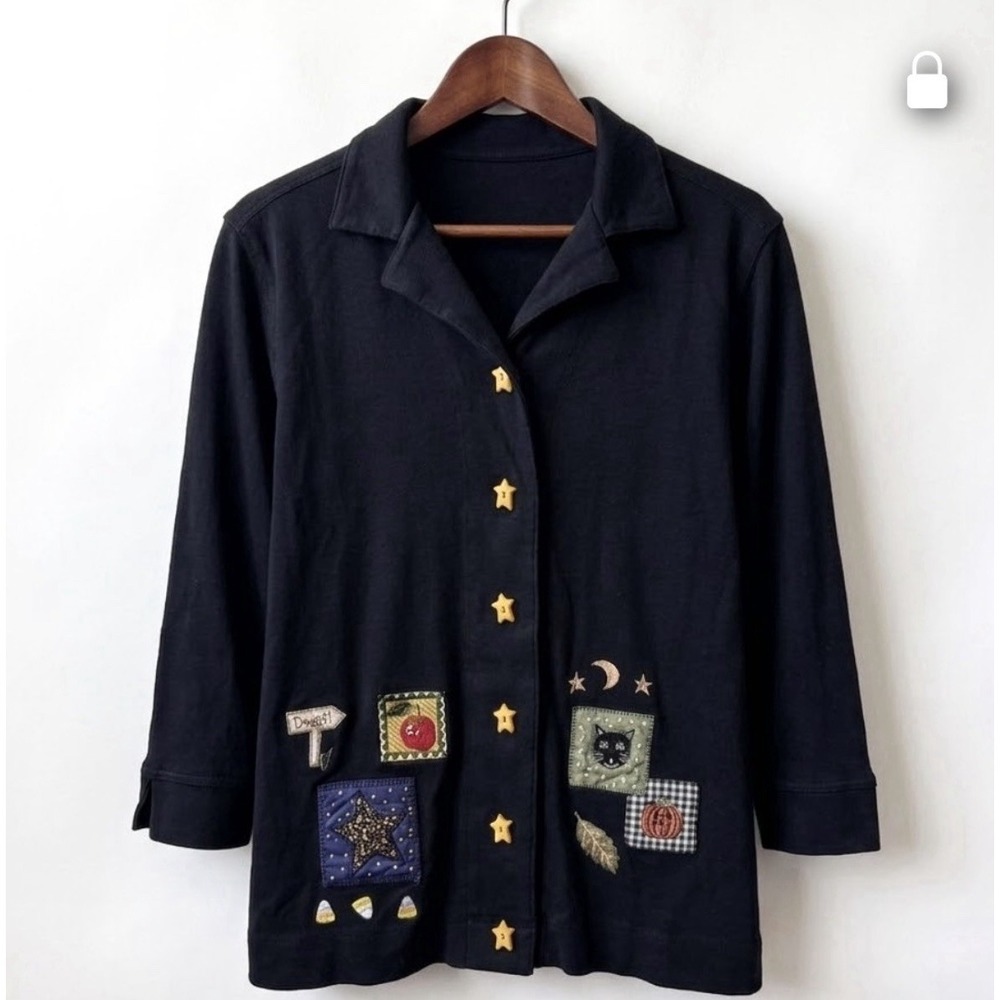 Vintage 90s Y2K Embroidered Star Button Cardigan Womens 1X Halloween Cat Pumpkin
